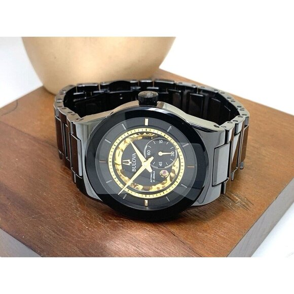 Bulova Men's Watch 98A291 Millennia Automatic Skeleton Gold Black Dial Ceramic - Picture 8 of 14